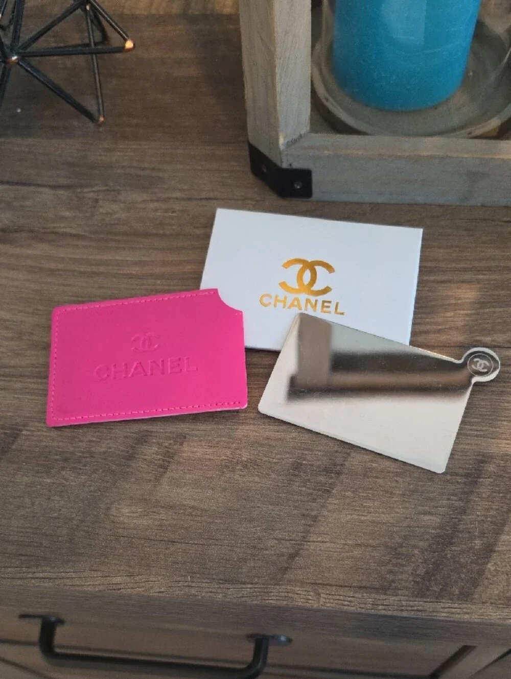CHANEL Hot Pink Embossed Leather Card Holder With Mirror Insert